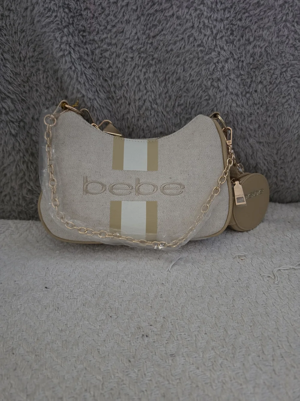 bebe Paisley Canvas Crossbody Bag with Coin Purse in the Almond